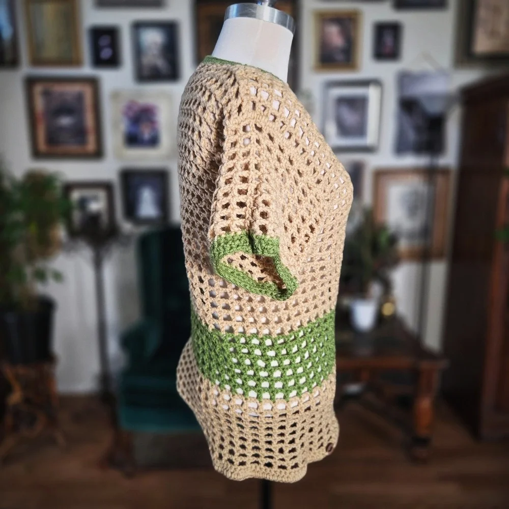 Samz‎ Creationz Handmade Crochet Mesh Top Tan Green Boho Open Knit Short Sleeve